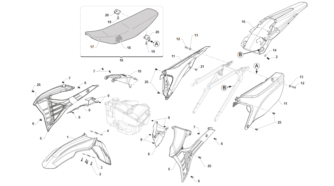 2T 125/300 FI SMR / 2T 125 FI ES SMR 2025 - FRAME (125 FI SMR:EURO 4 E 5,125 FI ES SMR:EURO 5+) - PLASTICS AND SEAT