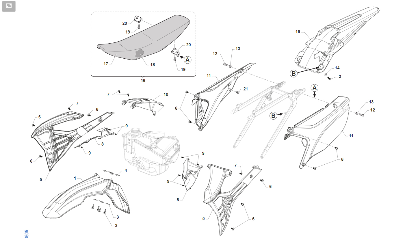 2T 125/300 FI SMR 2022/2023 - FRAME(125 FI SMR :EURO 4 AND 5) - PLASTICS AND SEAT