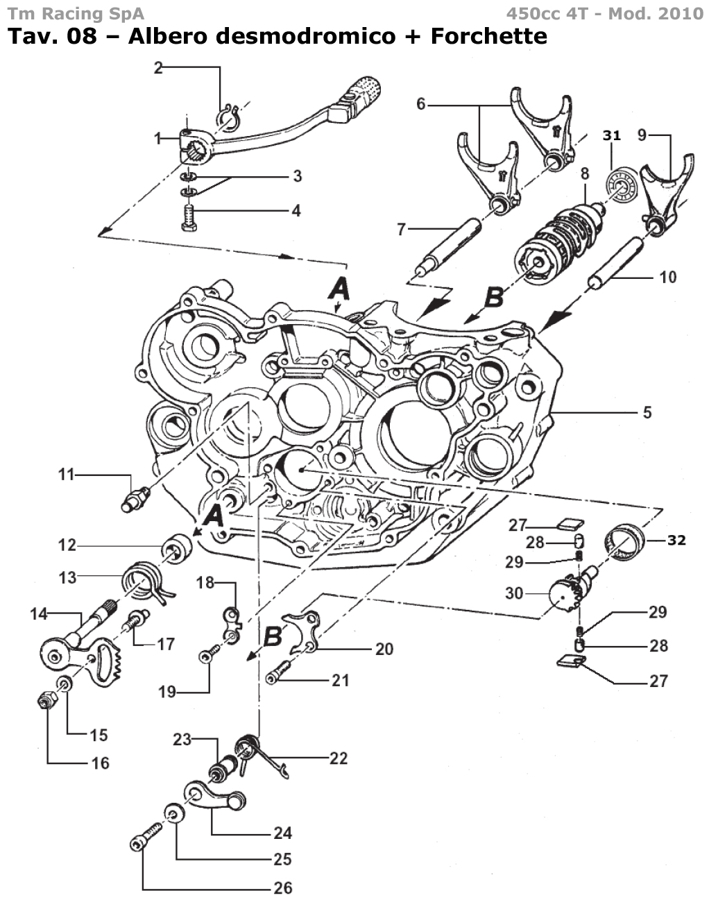 4T 450 FI EN/MX/SMX/SMR/SMM 2010 - MOTOR - ÁRBOL DESMODRÓMICO Y HORQUILLAS